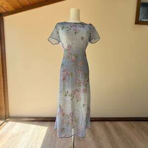 Vintage Floral Purple and Blue Crinkle Midi Dress